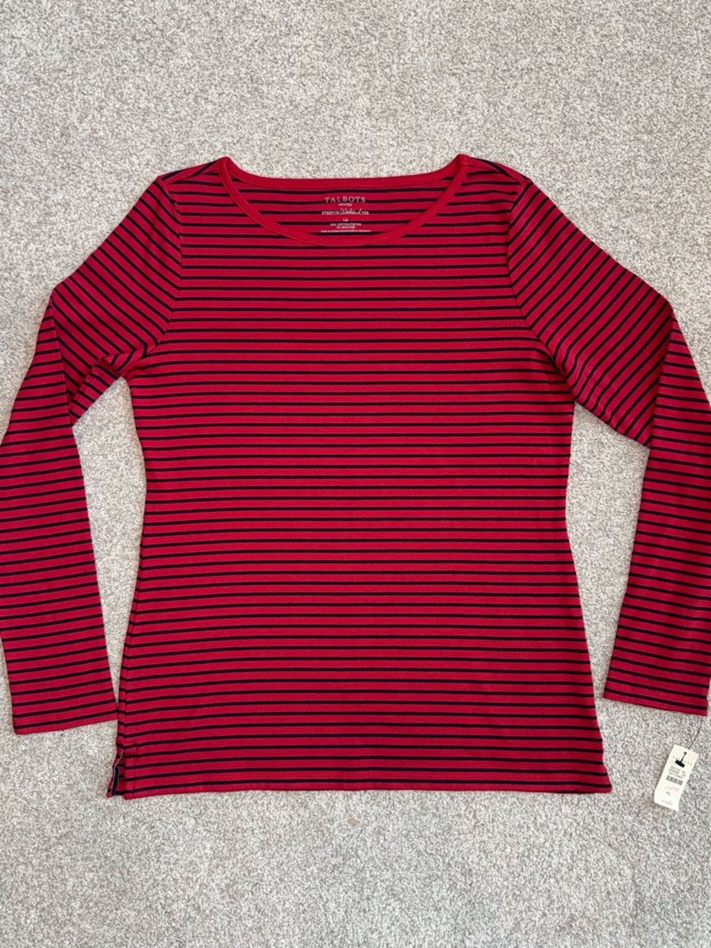 NWT T by Talbots Red & Navy Striped Long Sleeve Tee Shirt - Women’s Petite Large